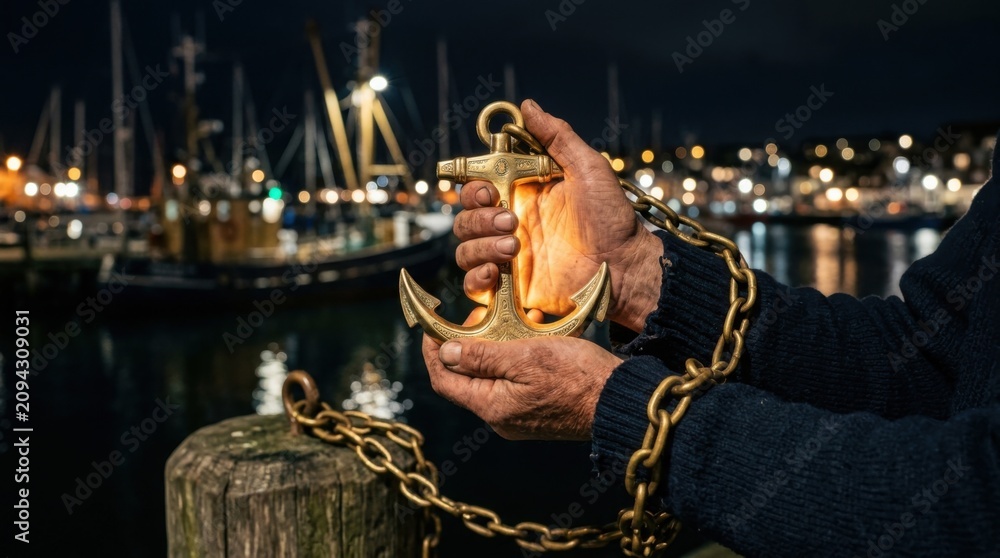 Obraz premium Close up view of mariner holding an illuminated vintage brass anchor tool near a wooden pier deck at twilight