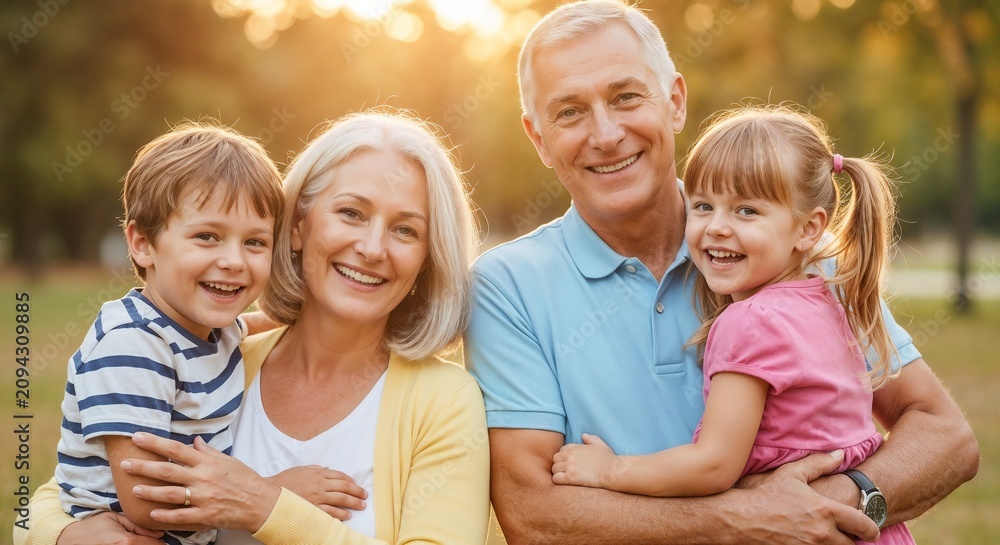 Fototapeta premium Senior couple holding grandchildren with warm smiles in nature during sunset. Grandparents joyfully embrace grandchildren in park setting, creating lasting memories of love and happiness.