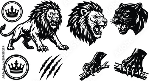 Photography Aggressive monochrome wild cat mascot vector illustration set featuring roaring