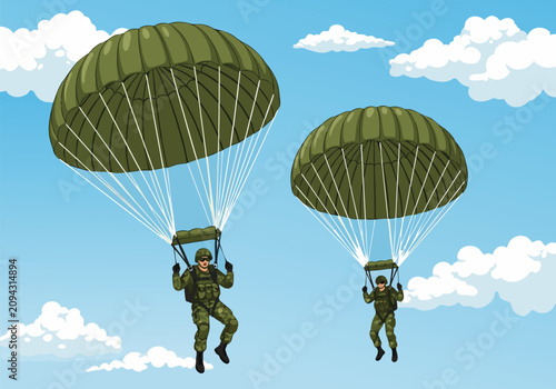 Cuadro en lienzo Paratroopers descending with parachutes vector illustration design depicting mil