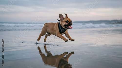 Happy fawn French Bulldog puppy running on the beach with water reflection, playful dog wearing black bandana by the sea