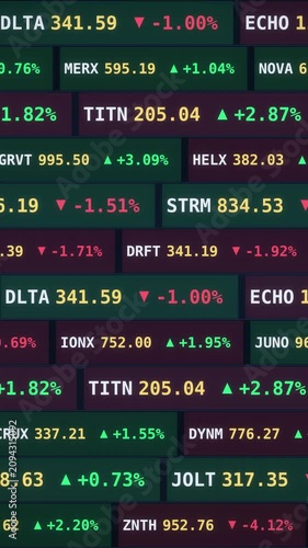 Financial stock market ticker board displaying digital data, trading indices, and share prices. Perfect for economy, global business investment, and cryptocurrency analytics background, Vertical mode