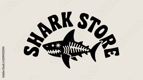 A stylized logo features a shark with visible skeletal structure and the words 