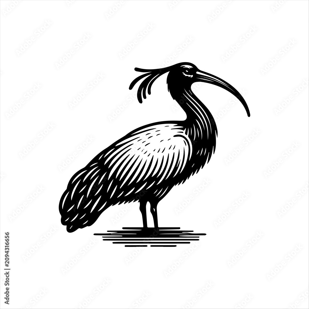 Obraz premium Black and white hand drawn illustration of a stylized ibis bird standing.