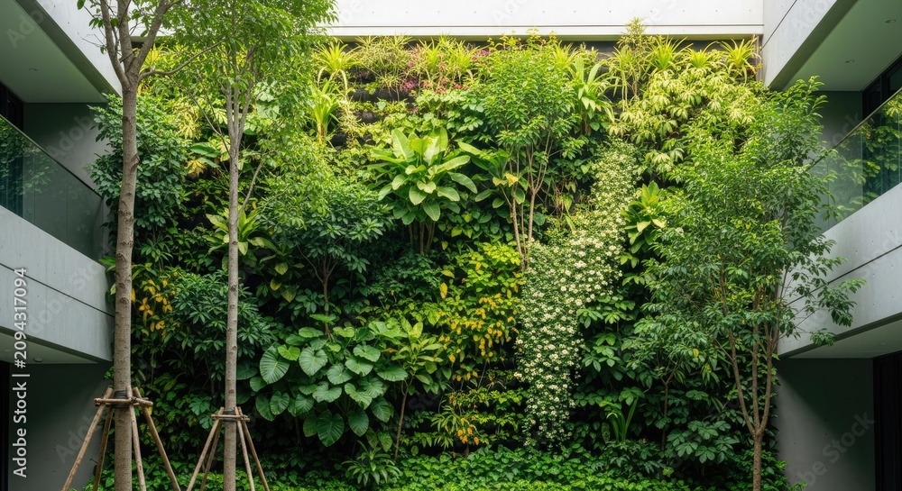 Fototapeta premium Lush indoor vertical garden in a modern multi-story building.