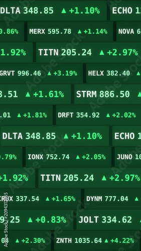 Green stock market ticker screen displaying rising financial data, positive percentages, and upward arrows, representing a global economic growth, bullish market trends, or financial success, Vertical