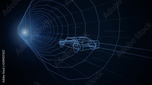 Blue glowing wireframe 3D model of a supercar speeding through a futuristic grid tunnel