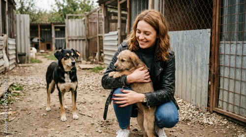 Happy young woman volunteer hugging a cute fluffy brown puppy at an outdoor animal shelter kennel during the day, showing compassion and care for stray dogs needing a new home and a loving family