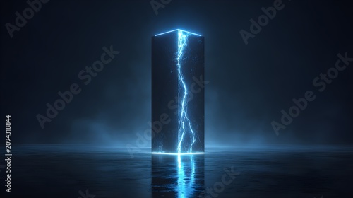 Glowing blue monolith with lightning in dark room with internal light lightning sleek vertical monolith architecture electricity technology with innovation