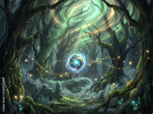 Mystical Enchanted Forest with Glowing Magical Orb