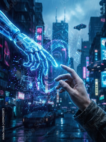 Futuristic AI Robot and Human Handshake