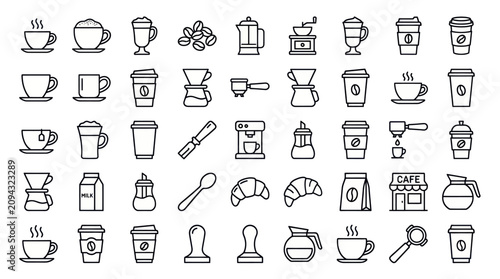 Coffee shop and cafe beverage thin line icons set.