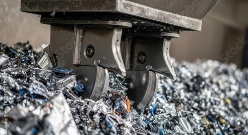 Industrial metal shredder in action, processing scrap for recycling and resource recovery