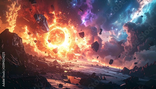 Epic cosmic scene fiery celestial event with floating debris and a rocky, barren foreground