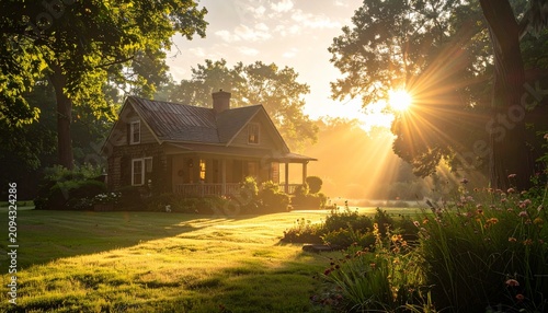 Quaint cottage bathed in golden sunlight, serene garden, early morning rays