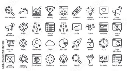 Digital marketing and SEO optimization line icons collection.