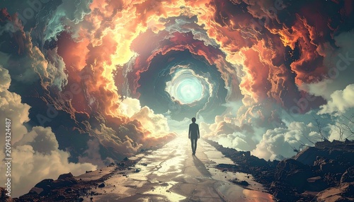 A figure walks a road toward a light-filled portal in a swirling, colorful cloudscape