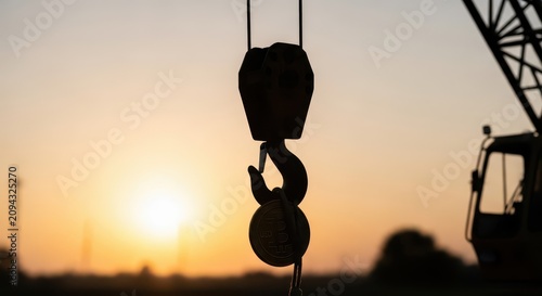Silhouette of a Heavy Construction Crane Hook Against a Vibrant Sunset Sky