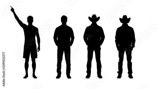 Obraz na płótnie Characters including a person pointing and individuals wearing cowboy hats stand in a row