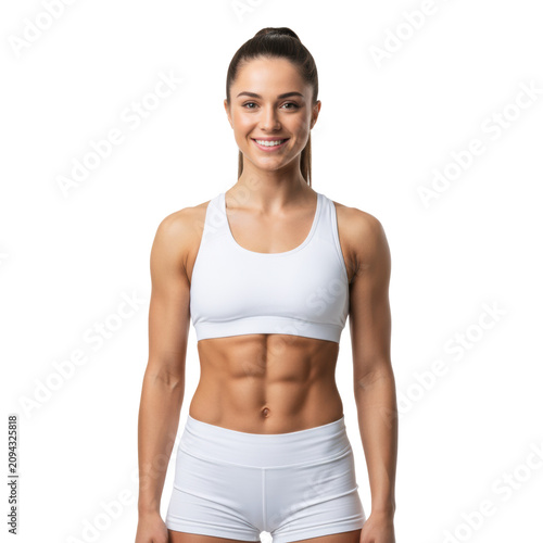 Athletic young woman with defined abs and toned arms in white sportswear posing confidently against a transparent studio backdrop, fitness vitality concept