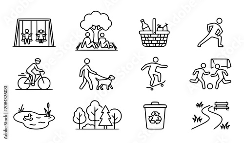 Outdoor Park Recreation Thin Line Icons Set with Family Picnic Sports and Healthy Lifestyle Symbols