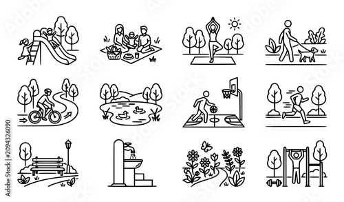 Public Park Activities Line Icon Set with Family Recreation Playground Fitness and Nature Symbols