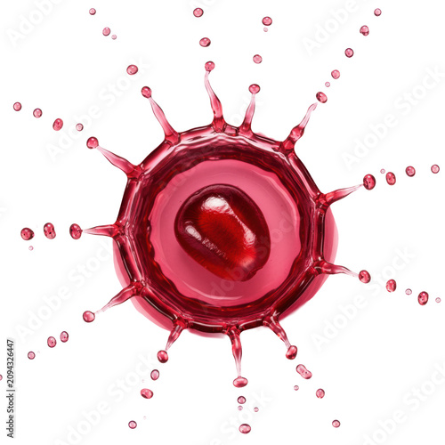 Single ruby red pomegranate seed at center of a crimson juice splash with frozen droplets and radiating liquid ripples, minimalist commercial freshness concept