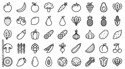 Fresh fruit and vegetable healthy food outline icons.