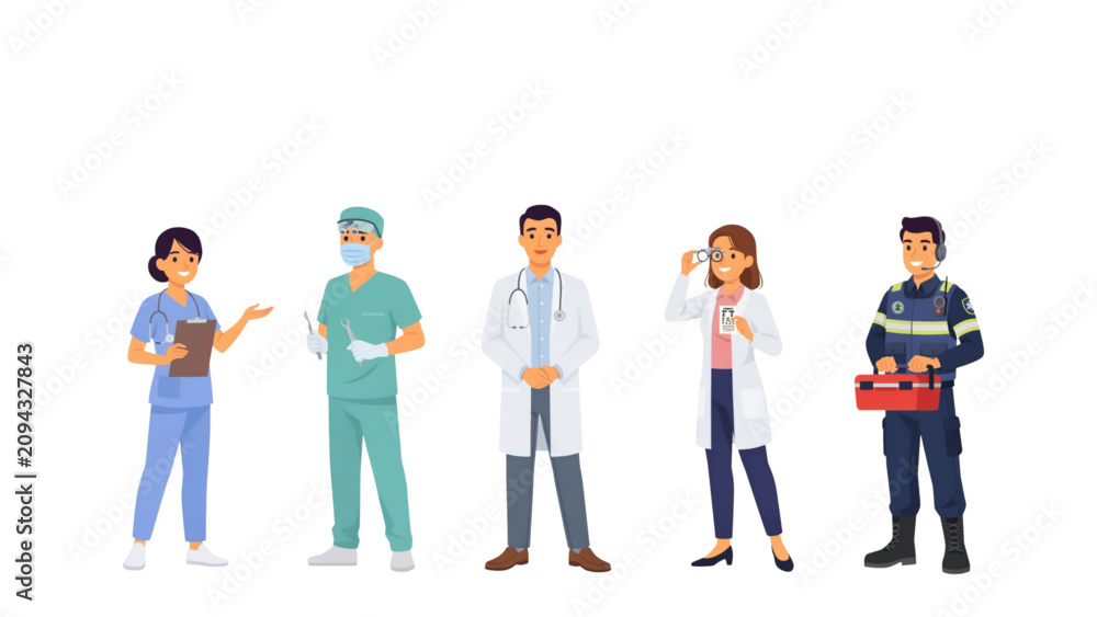 Obraz premium Five cheerful people standing together holding mobile phones in casual modern setting Vector