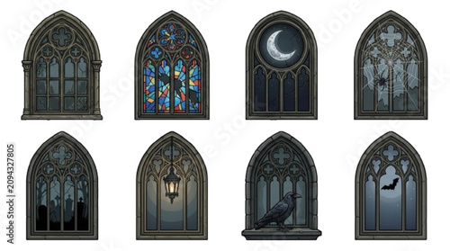 Arched gothic windows, broken stained glass, haunted castle window, moon window, spider web window, cemetery window, lantern window, crow on window, bat silhouette, gothic arch, isolated on , vector i