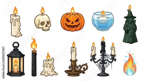 Dripping candle, skull candle, pumpkin candle, floating candle, witch candle, lantern candle, black candle, melting candle, candle holder, haunted candelabra, magic flame, isolated on , vector icon , 