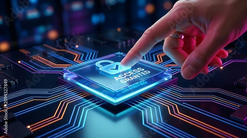 Finger pressing glowing access granted button on circuit board