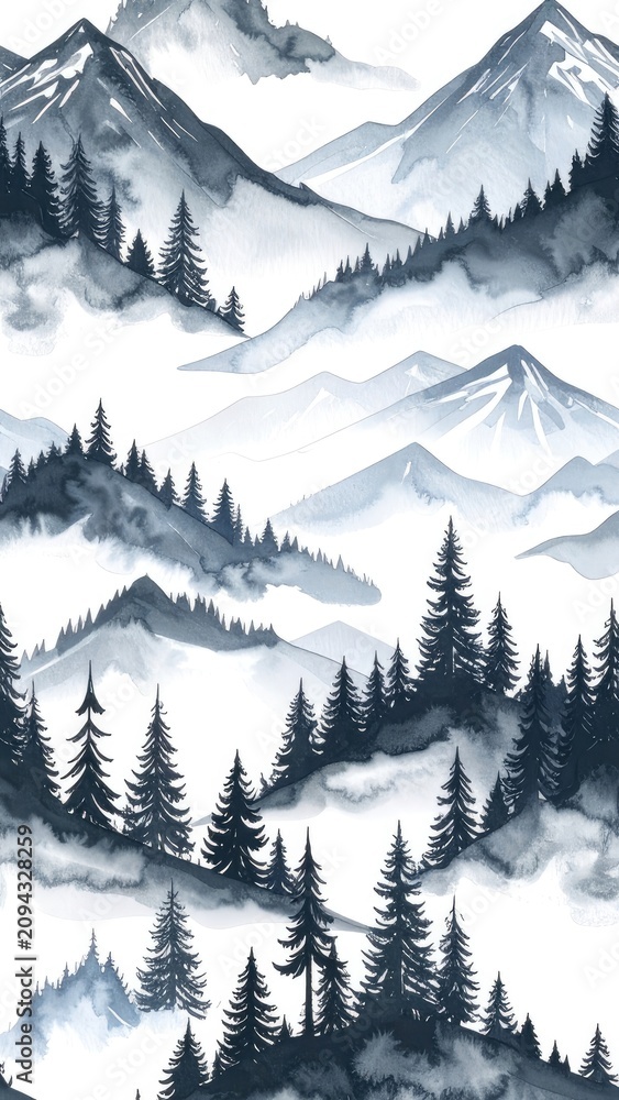 Fototapeta premium A watercolor painting depicts a serene mountain landscape with evergreen trees and mist.