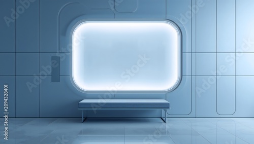 Futuristic blue interior with bench and glowing screen mockup