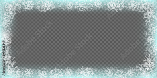Tableau sur toile Horizontal winter frame with white snowflakes and a frosted light blue ice borde