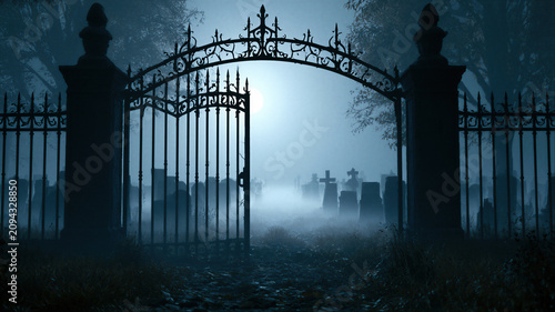 Open wrought iron gate at entrance to misty cemetery at night. Spooky graveyard landscape under moonlight for Halloween background. Concept of mystery, death, afterlife and gothic horror.