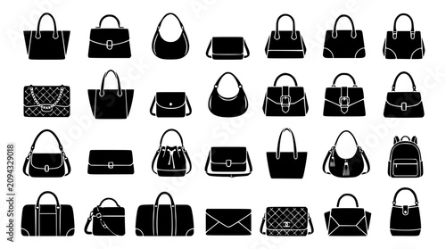 Photos Elegant women fashion handbags and luxury purses collection featuring dark solid