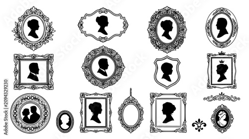 Obraz na płótnie Vintage cameo silhouette portraits vector set featuring victorian antique ornate
