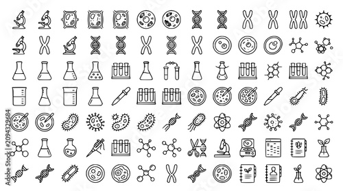 Foto Large mega set of biology and science laboratory doodle line icons featuring DNA