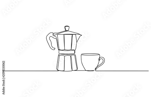 Tableau sur toile Continuous one line drawing of a coffee percolator and mug with percolator, mini