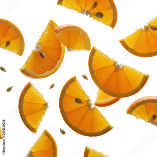 Vibrant orange slices, glistening pulp, membranes, seeds, pith, in dynamic mid-air cascade on bright white studio background, conveying explosive freshness and vitality