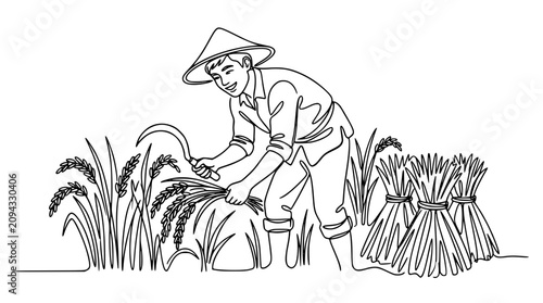 Quadro su tela Continuous one line drawing of asian farmer harvesting rice crop with sickle too