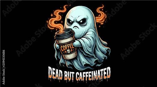 Funny Halloween Ghost Holding Hot Coffee Cup Dead But Caffeinated Spooky Vector Illustration