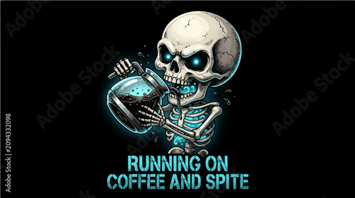 Funny Skeleton Drinking Coffee Pot Running On Coffee And Spite Neon Blue Glow Vector Graphic