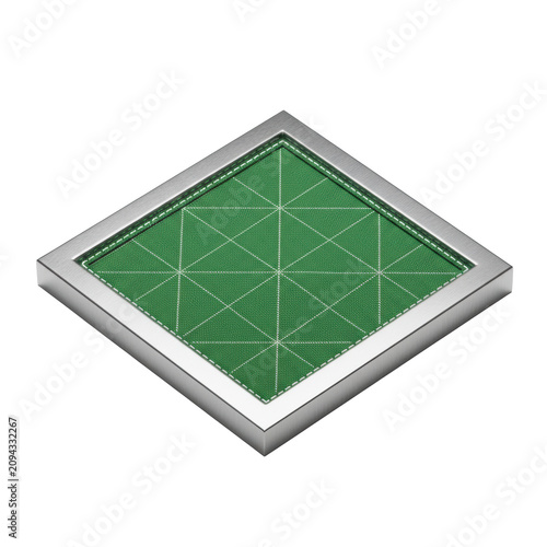 A rectangular metallic sign frame featuring brushed steel and a green argyle fabric insert with white stitched edges, isolated on a white background with soft lighting, industrial design concept