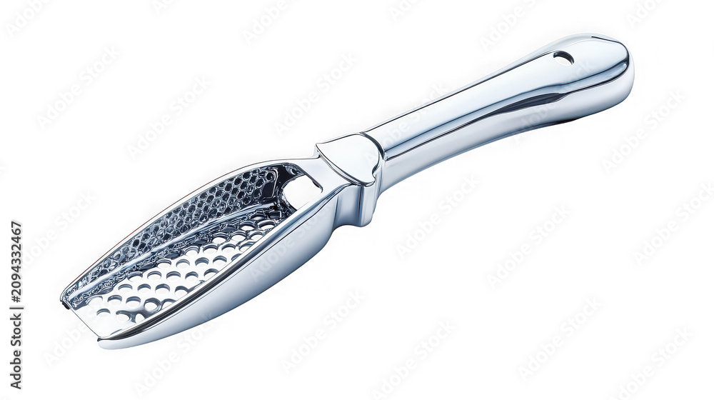 Obraz premium Cheese grater featuring a handheld stainless steel design provides a sharp surface for culinary tasks and is isolated against a crisp white background for product showcase.