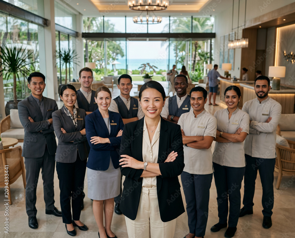 Fototapeta premium Diverse hospitality professionals stand together inside a luxury beach resort, led by a confident smiling female resort manager, representing exceptional guest service and teamwork.