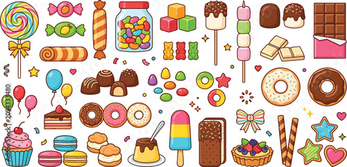 Konstfotografi Sweet candy and dessert vector elements set featuring colorful lollipops, chocolates, donuts, cupcakes, jelly beans, pastries, and ice cream icons for design