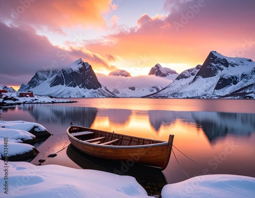 A serene winter sunset over snow-capped mountains with a wooden boat on a calm lake.