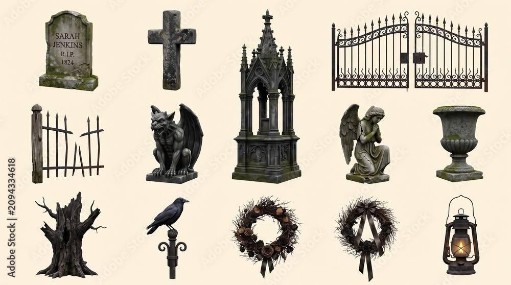 Obraz premium Set of Gothic Cemetery Ornaments Featuring Tombstones Gargoyles Angels and Decorative Elements for Spooky Digital Design